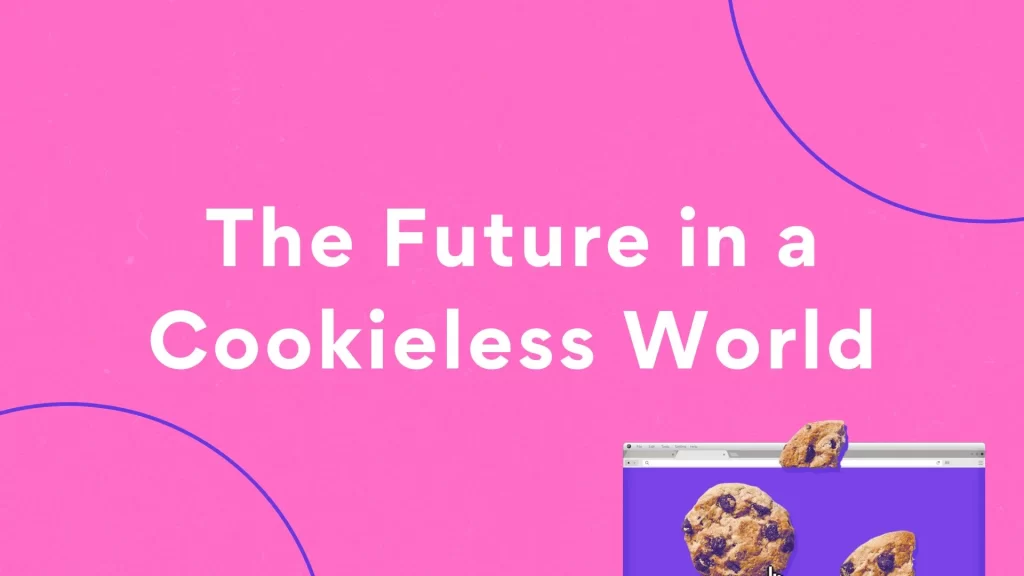 Layer of post "The Future of Digital Marketing in a Data-Transparent World": Pink background with white text saying "The Future in a Cookieless World" and illustrative cookies, suggesting a discussion about the digital future without cookies.