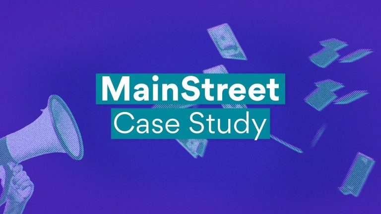 Layer of post "MainStreet Case Study": Blue background with text "Case Study: How MainStreet Reduced Customer Acquisition Costs by 99%" in highlight, suggesting a content focused on the results of a Rosy Finch Marketing Company's client.