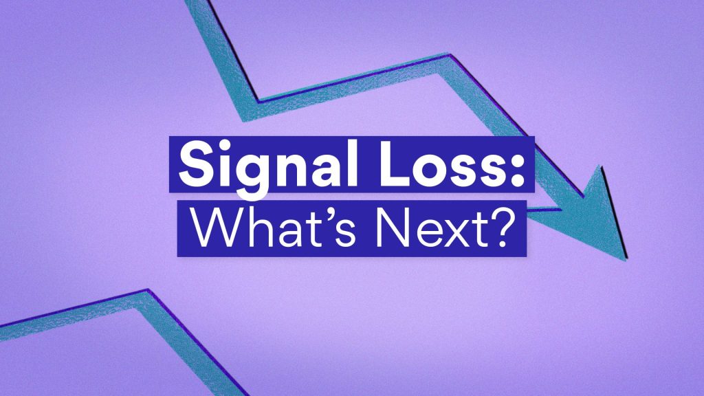 A stylized graphic illustrating Digital Advertising Signal Loss. The background is a gradient purple, featuring a downward-trending arrow with a glitch effect, symbolizing declining ad tracking capabilities. The text overlay reads "Signal Loss: What’s Next?" in bold, white and purple letters, reinforcing the theme of challenges in digital advertising due to signal disruptions.