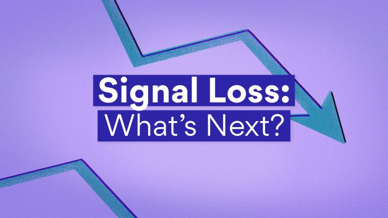 A stylized graphic illustrating Digital Advertising Signal Loss. The background is a gradient purple, featuring a downward-trending arrow with a glitch effect, symbolizing declining ad tracking capabilities. The text overlay reads "Signal Loss: What’s Next?" in bold, white and purple letters, reinforcing the theme of challenges in digital advertising due to signal disruptions.