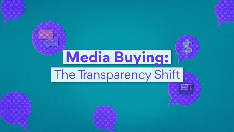 A stylized graphic illustrating Transparent Media Buying. The background is a gradient teal, featuring purple speech bubbles with halftone effects containing icons of money, digital media, and conversations, symbolizing financial transparency and communication in media buying. The text overlay reads 'Media Buying: The Transparency Shift' in bold, white and purple letters, reinforcing the theme of accountability and openness in advertising investments.