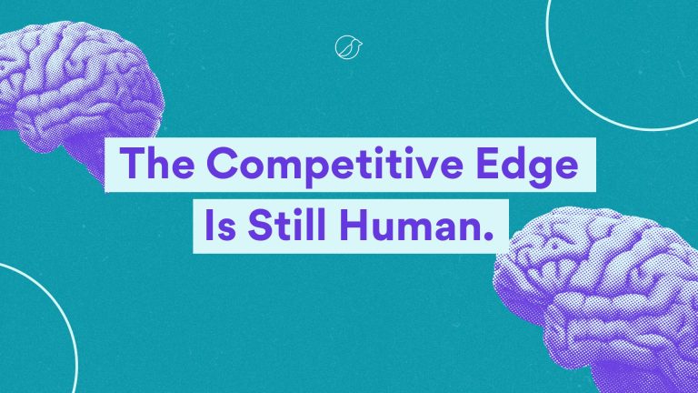 Alt text: Illustrated graphic with two purple brains and the phrase “The Competitive Edge Is Still Human,” from the article Why Collecting AI Tools Won't Guarantee Real Progress, highlighting the keyword AI tools.